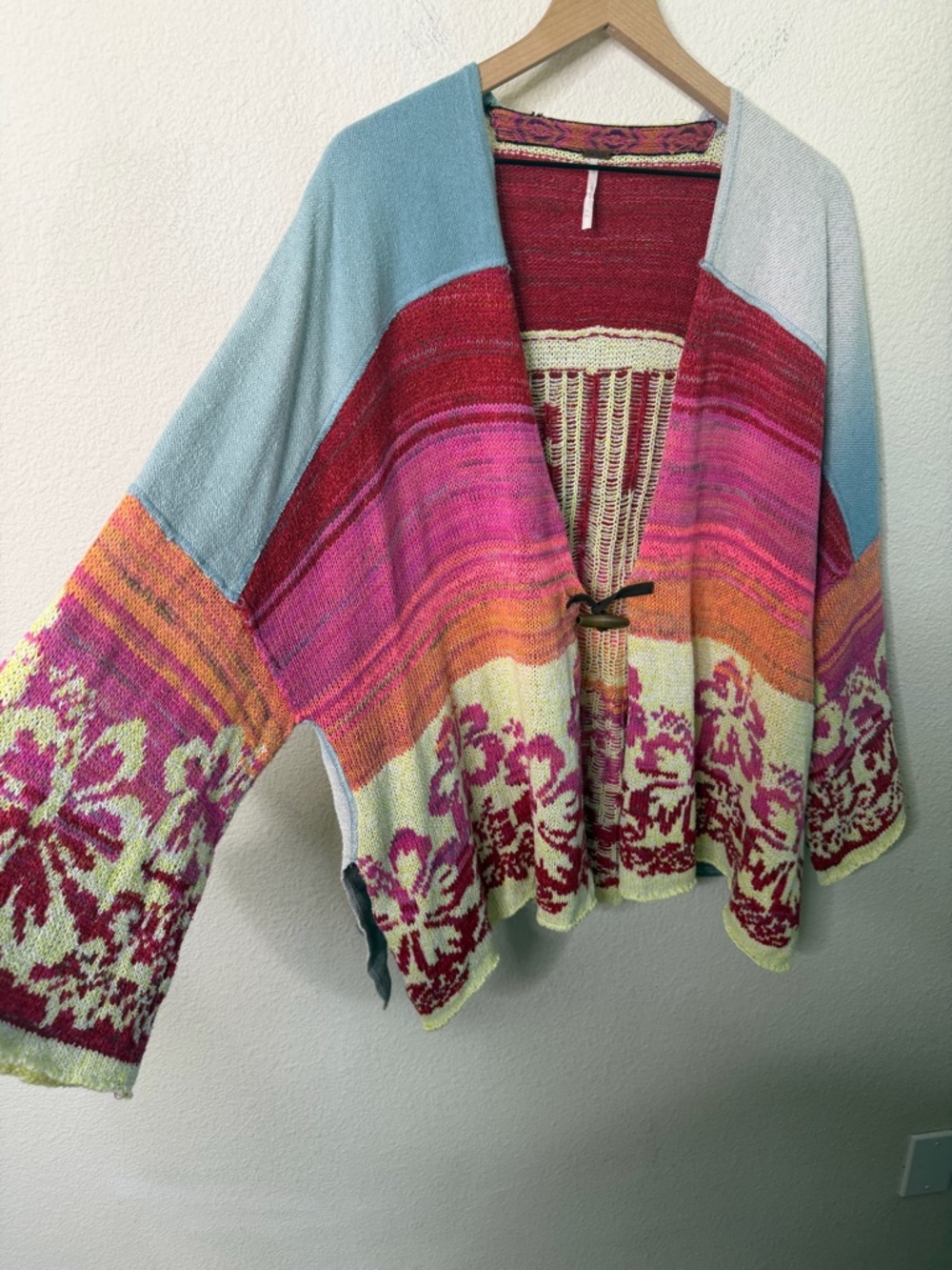 Free People Floral Knit Surf Sweater Kimono Cardigan Womens Size M / L - Picture 6 of 9